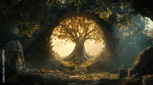 Mystical Tree Portal With Glowing Leaves, Steps Leading Up To The Light. A Serene Nature Scene.