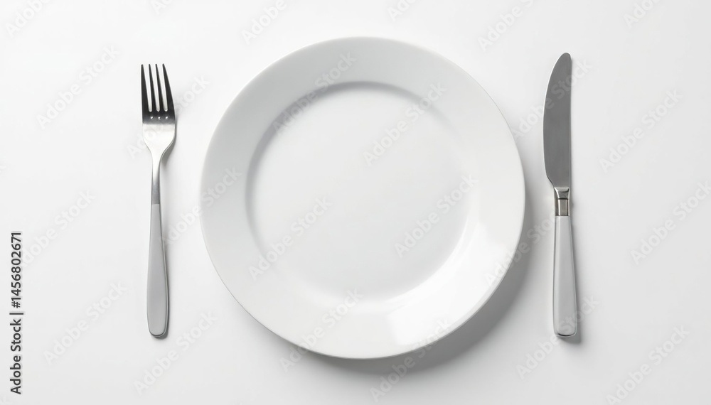 Empty plate, simple cutlery, white background, abstinence, fasting, detox Empty plate, simple cutlery, white background, abstinence, fasting, detox