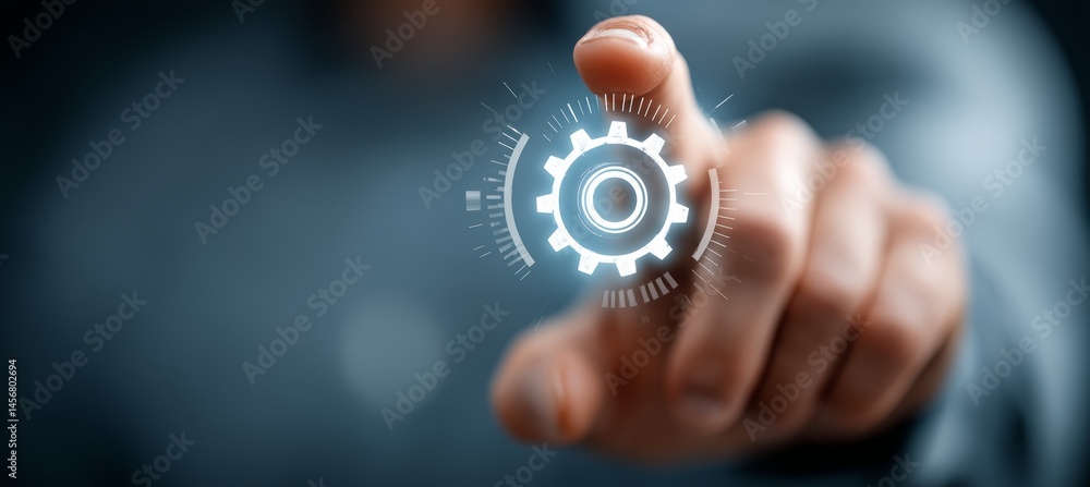 Hand touch virtual gear wheel icon. Factory industry innovation and development. Generative AI technology.
