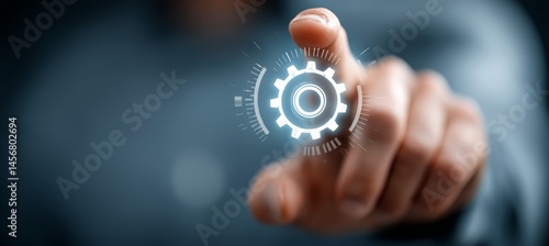 Obraz na płótnie Hand touch virtual gear wheel icon. Factory industry innovation and development. Generative AI technology.
w salonie