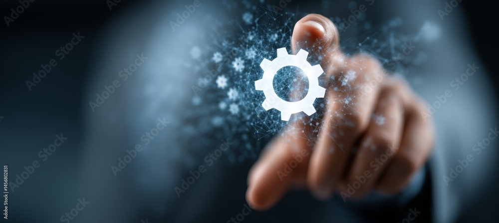 Hand touch virtual setting system or gear icon. Factory industry innovation and development. Generative AI technology.