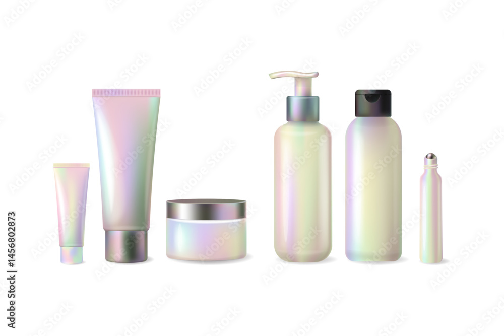 Holographic vector cosmetic packaging set with pearlescent effect Holographic vector cosmetic packaging set with pearlescent effect