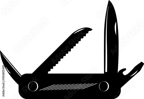 Folding knife. A knife with a blade and a set of various built in tools screwdrivers, bottle openers, which folds into the handle for safe storage and carrying. Multi tool for hiking and camping.