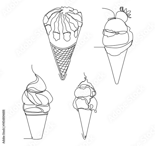 Minimalist Single Line Drawing Set featuring various ice cream illustrations, including cones, sundaes, and popsicles. Ideal for food related branding, etc.