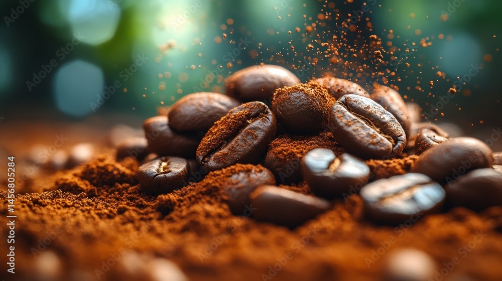 Fresh coffee beans and grounds with splashes of powder Fresh coffee beans and grounds with splashes of powder