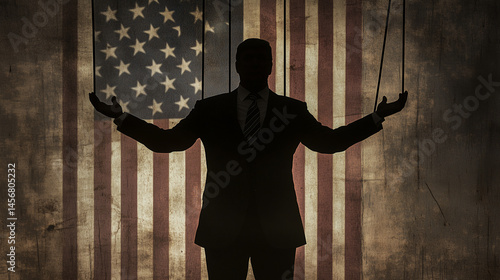 A powerful political or businessman is shown in silhouette with visible puppet or marionette strings, suggesting that he is controlled by an unseen puppet master. Wide landscape horizontal 16:9 with 
