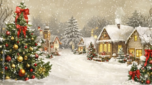 Winter scene depicts snow falling on a village with decorated Christmas trees and cozy houses, creating a festive and idyllic holiday atmosphere.