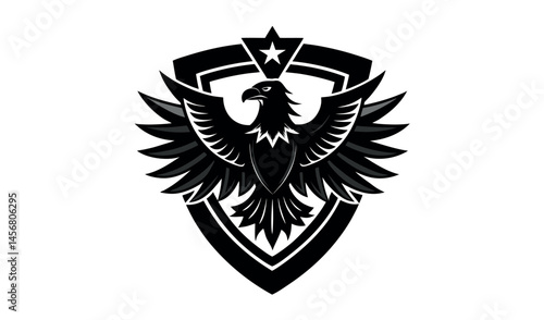 A vintage heraldic emblem displays a gold eagle on a shield beneath a royal crown, flanked by eagle wings, a noble coat of arms