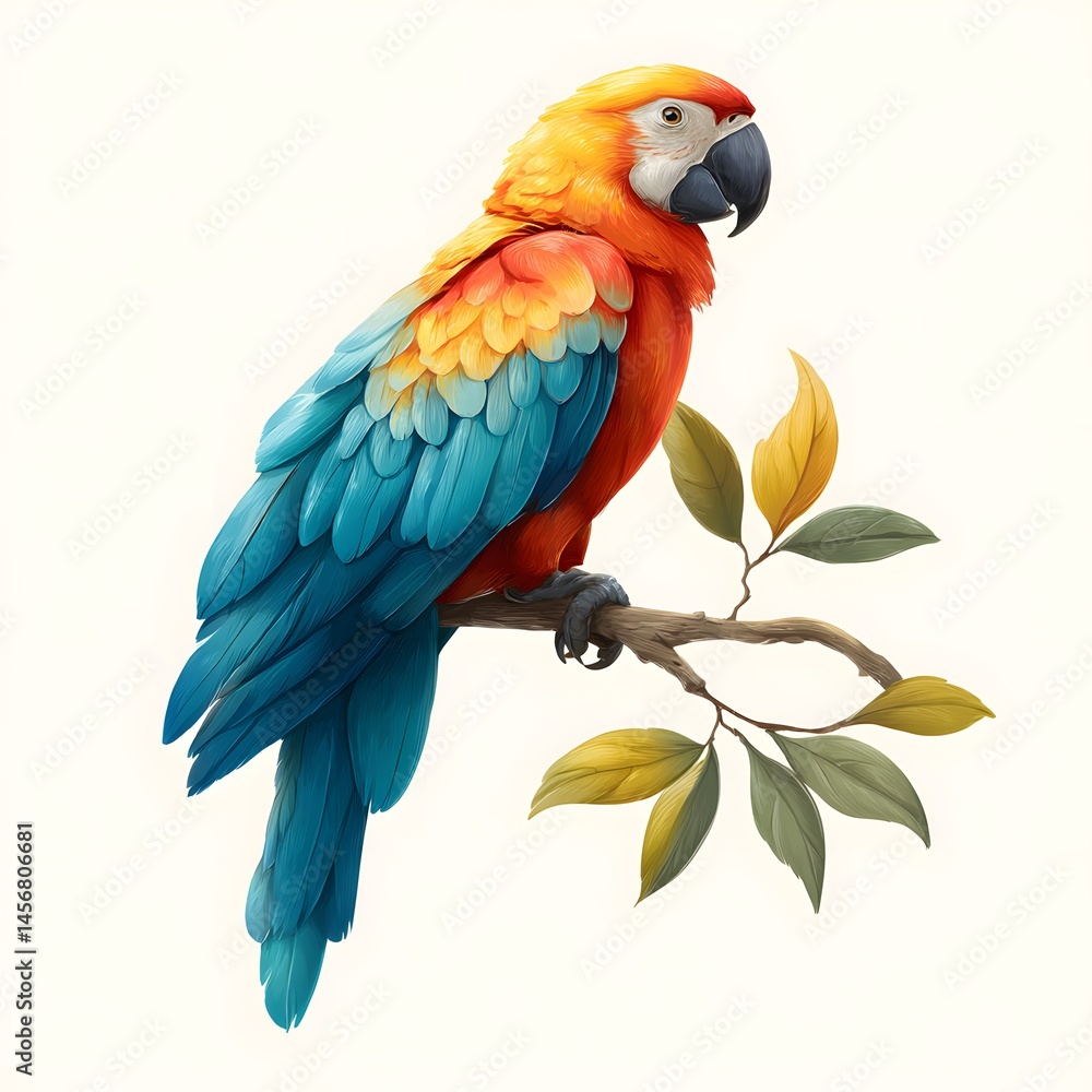 Obraz premium A vibrant macaw perched on a branch with colorful leaves. A beautiful parrot illustration with bright tropical plumage.