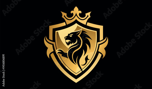 Golden heraldic shield with wings design, a vintage vector emblem with royal crown and ribbon banner for coat of arms insignia