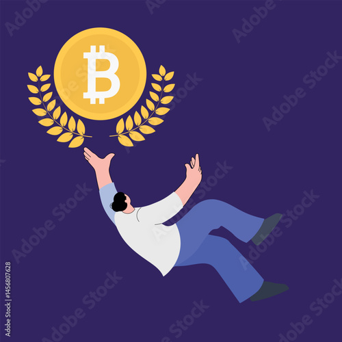 Cryptocurrency, growth of digital currency rate, bitcoin winner. Woman holds bitcoin coin, wealth, mining, profitable investments in electronic money