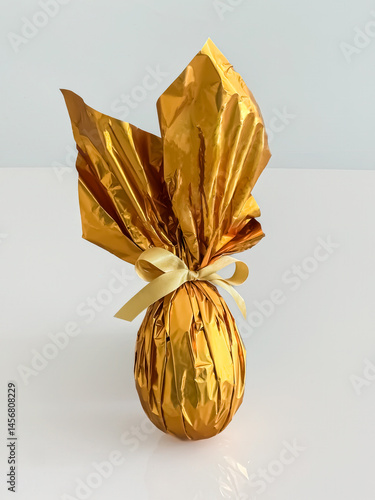 Golden chocolate Easter egg wrapped in shiny foil with decorative bow isolated on white background.
