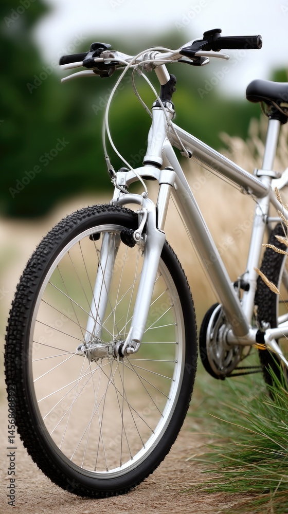 Mountain biking adventure on a stone path through lush grass under a cloudy sky, showcasing outdoor thrills and connection with nature Mountain biking adventure on a stone path through lush grass under a cloudy sky, showcasing outdoor thrills and connection with nature