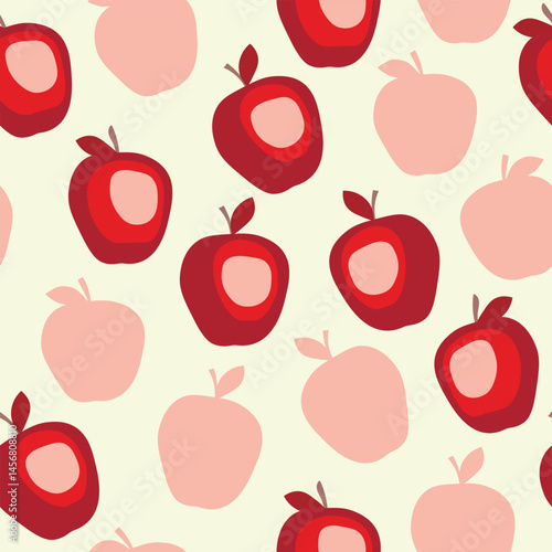 Seamless pattern with apple on color background. Natural delicious fresh ripe tasty fruit. Vector illustration for print, fabric, textile, banner, design. Stylized apples with leaves. Food concept.