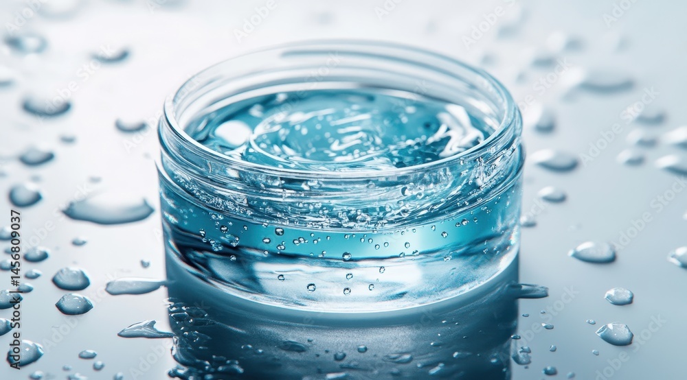 Clear gel serum in a small jar, surrounded by water droplets. Close-up view Clear gel serum in a small jar, surrounded by water droplets. Close-up view