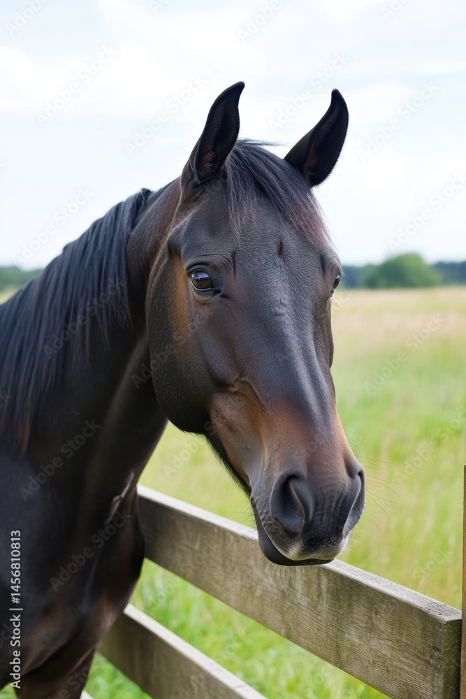 Fototapeta premium Brown horse portrait close up at fence in rural pasture landscape headshot equine animal mammal farm life