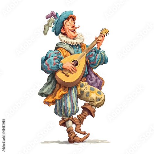 Cheerful minstrel serenades with a lute, his jovial spirit evident in every strum. A celebration of music and merriment.
