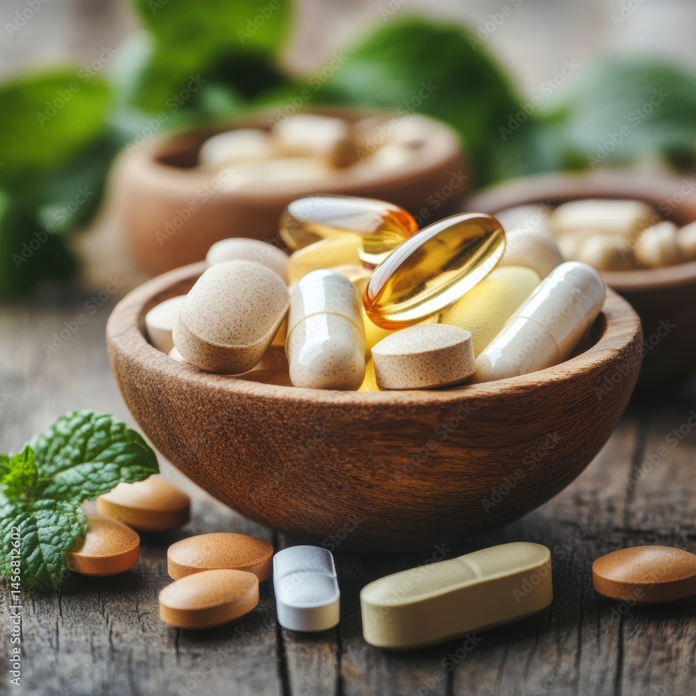 Close up of various vitamins and supplements in wooden bowls on rustic wood table top view healthy lifestyle Close up of various vitamins and supplements in wooden bowls on rustic wood table top view healthy lifestyle