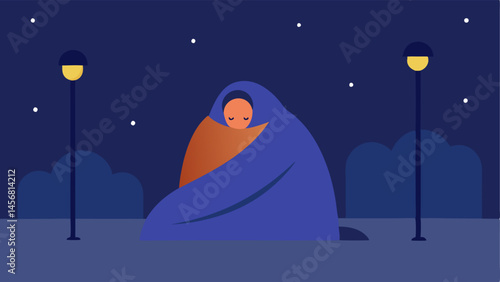 Branded Blanket A silhouette of a person curled up under a blanket with no logos emphasizing warmth in the cold with faint streetlights in the background.