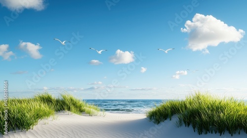 A serene beach scene with vibrant grass and a clear blue sky filled with clouds.