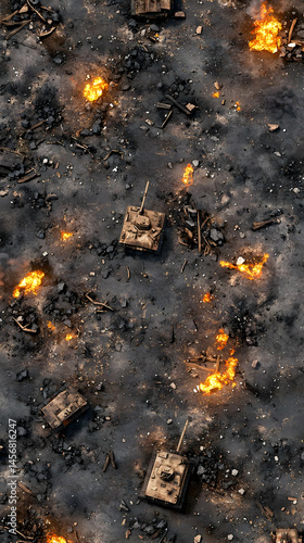 War Scene Aerial View Of Destroyed Tanks In Flames