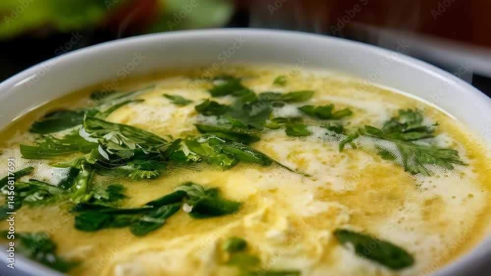 Close-up of a bowl of creamy yellow soup topped with fresh green herbs, creating a warm and inviting culinary image perfect for food blogs. Close-up of a bowl of creamy yellow soup topped with fresh green herbs, creating a warm and inviting culinary image perfect for food blogs.