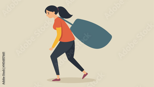 Carrying Belongings A young woman struggling to carry a heavy duffel bag over one shoulder glancing back as if unsure of her homes fate.