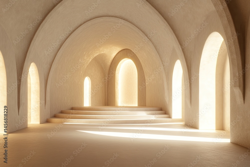Obraz premium Interior architecture design, with arched windows and sunlit steps.