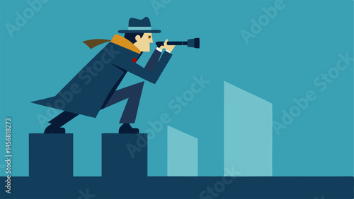 Looking Through Binoculars The detective is perched on a rooftop with binoculars scanning the streets below his trench coat whipped by the wind.