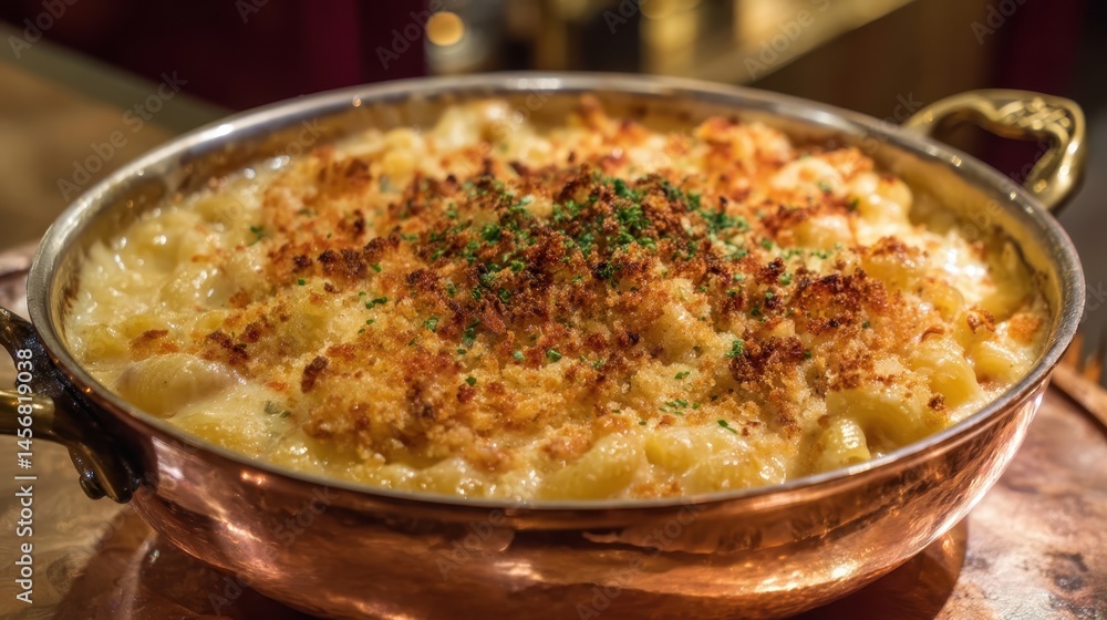 Creamy mac and cheese baked until golden brown, served in a stylish copper dish on a wooden table Creamy mac and cheese baked until golden brown, served in a stylish copper dish on a wooden table