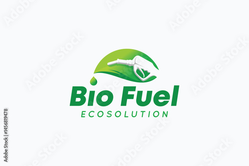 Vector logo design of bio fuel with nozzle in negative space above a green leaf