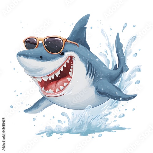 A cartoon shark jumps out of the water, wearing sunglasses and smiling. The art style is light and cheerful, with bright colors.