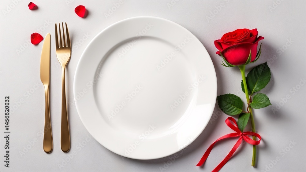 A white plate with a red rose and a gold fork and knife. A white plate with a red rose and a gold fork and knife.