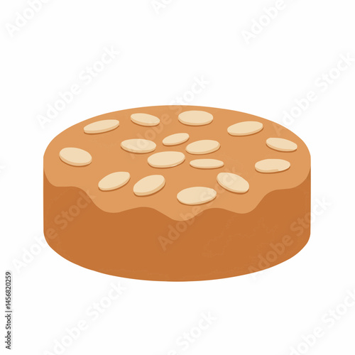 Round flatbread food with beige colored pieces, light brown surface, white backdrop