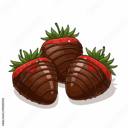Cartoon style chocolate dipped strawberries with bright red coating and green leaves