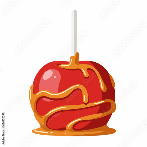 A red candy apple is covered in caramel, featuring a stick on a white background