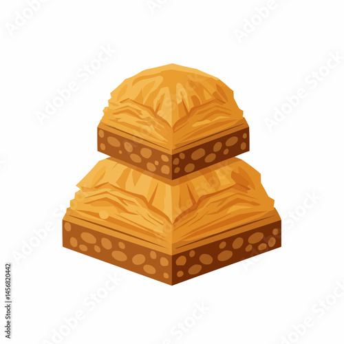 Sweet stack of layered pastries with nut filling, on an isolated white background