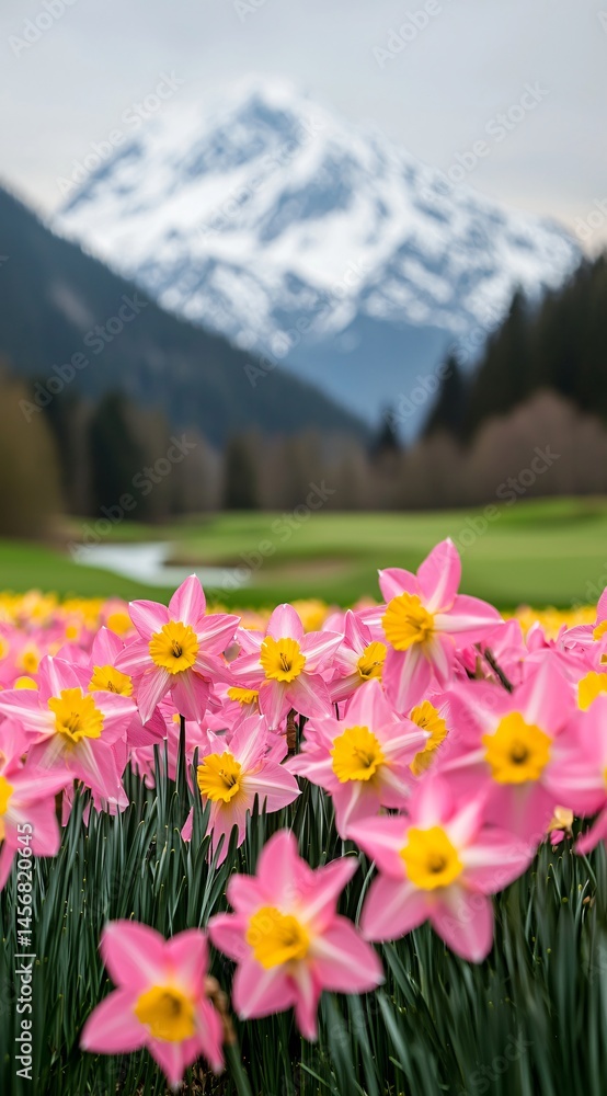 Obraz premium Vibrant Pink Daffodils Blooming in Spring Meadow with Mountain View