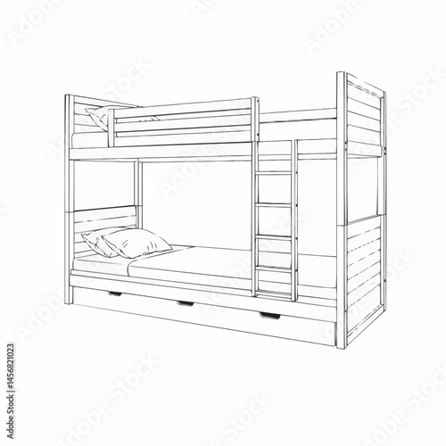 Line art of a bunk bed with ladder, offering a minimal design and functionality