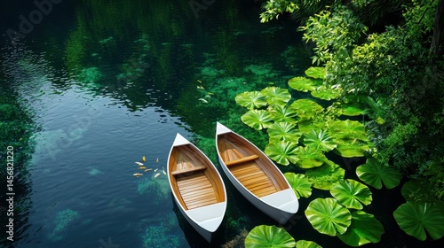 Two elegant boats anchored amidst serene lily pads and clear water.