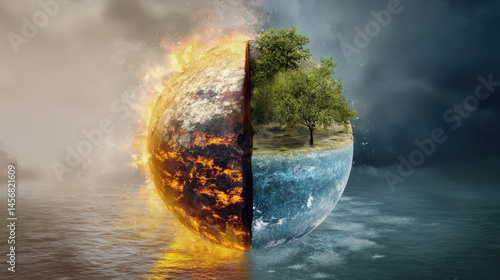 A planet is depicted being torn in half, showcasing fiery destruction on one side and lush greenery with calm waters on the other, symbolizing contrasting elements of nature