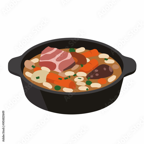 Stew pot. Carrots, mushrooms, beans and meat are in gravy