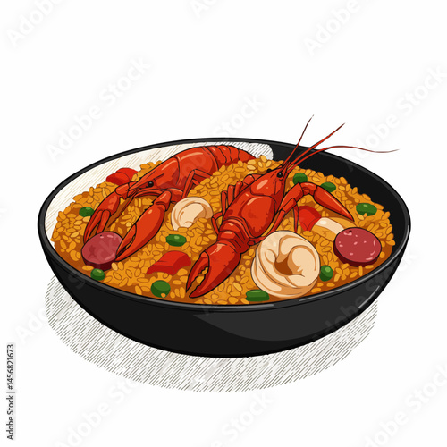 Seafood paella illustration featuring vibrant colors and a detailed view