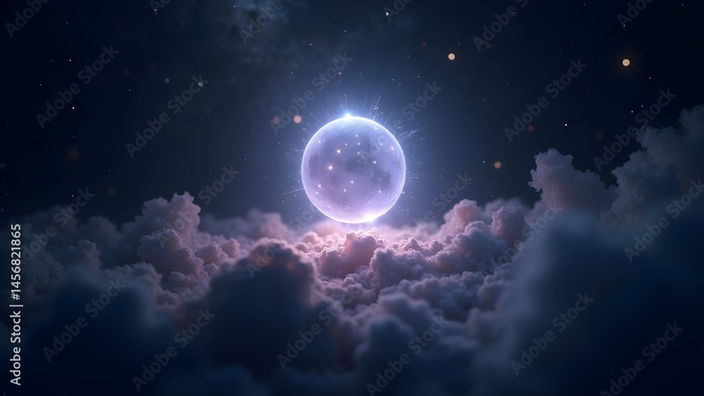 Fototapeta premium Glowing Planet Above Ethereal Clouds in Starry Night Sky, Space, Cosmic Dreamscape Scene