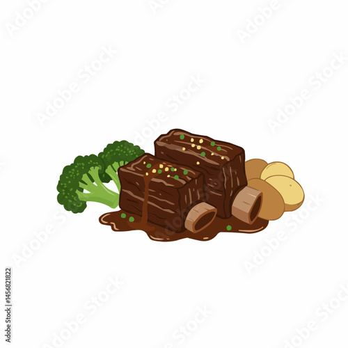 Cartoon meal featuring steak pieces, broccoli florets, and a potato slice