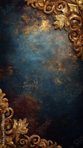 Luxurious dark velvet background featuring intricate golden baroque patterns exuding elegance and opulence with a rich color palette