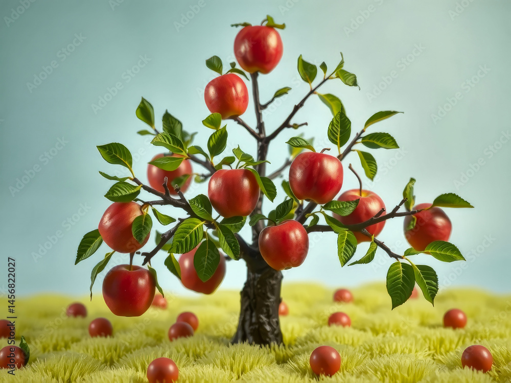 A tree with apples on it is shown in a field. The apples are red and the tree is full of leaves. Scene is peaceful and serene, as the apples are scattered around the tree and the field is green
