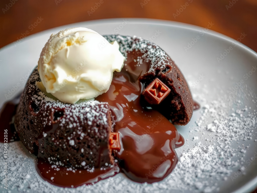 A chocolate dessert with a scoop of ice cream on top. The dessert is a chocolate cake with a hole in the middle and a drizzle of chocolate sauce