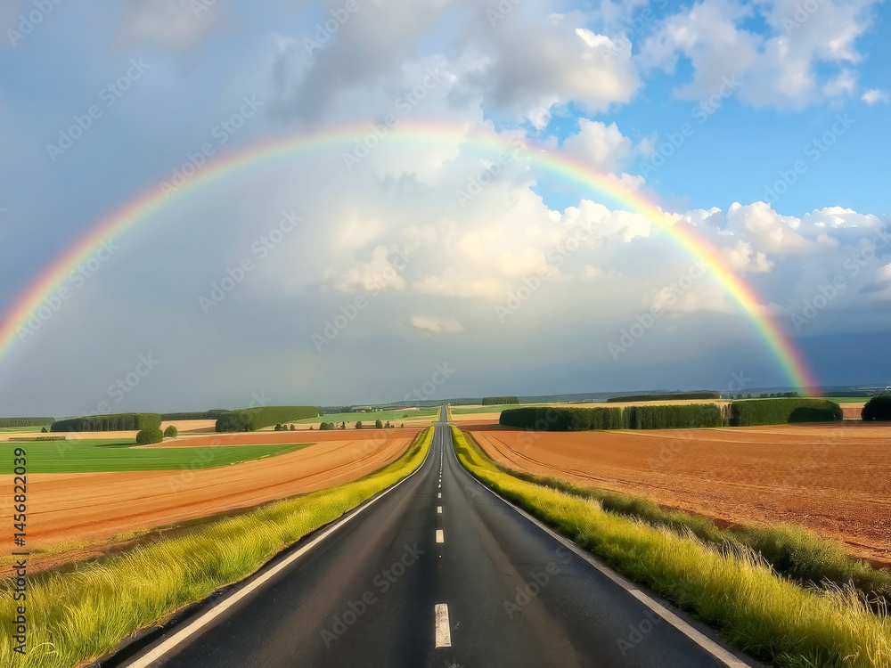 A rainbow is seen in the sky above a long road. The road is empty and the sky is cloudy