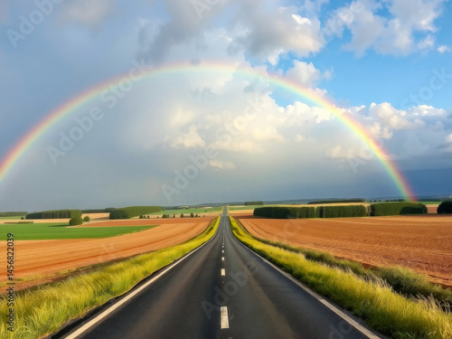 Obraz na płótnie A rainbow is seen in the sky above a long road. The road is empty and the sky is cloudy w salonie